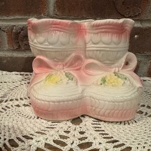 Vintage RELPO nursery decor storage planter pink baby booties Nancy Pew Giftware